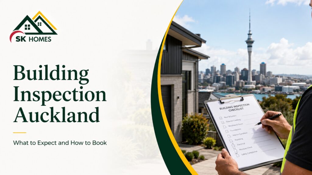 Professional building inspection in Auckland showing inspector examining exterior cladding